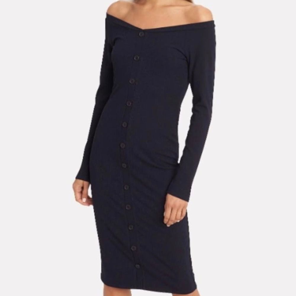Intermix Helene Navy Blue Long Sleeve Scoop Neck Ribbed Midi Dress Large